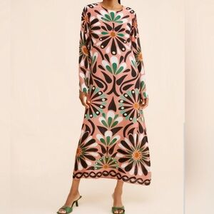 FARM RIO🤎💙💛 Ainika Flowers Long Sleeve Maxi Dress size small